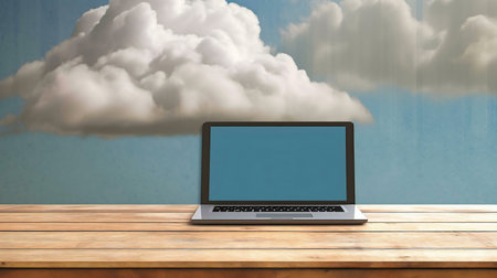 A laptop sits on a wooden table against a backdrop of fluffy clouds, symbolizing cloud computing.の写真素材