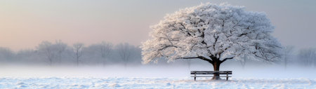 A snow covered tree next to a bench in a frosty landscape