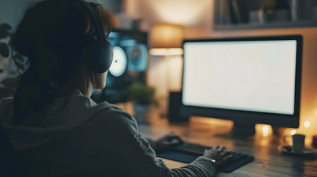 A woman wearing headphones works late at night on her computer in a comfortable home office.