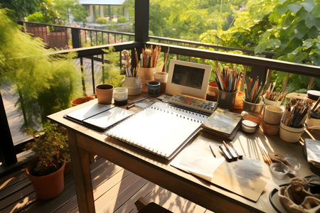 Sunlit art studio on a balcony, surrounded by nature, showcasing an artist's workspace ready for...