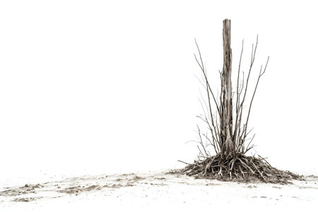 A weathered wooden post stands alone amidst dry branches and sparse, sandy ground. The image evokes feelings of desolation and solitude.の写真素材