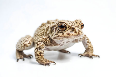 A detailed close-up shot of a speckled toad against a plain white background.の写真素材