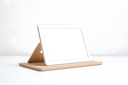 A white tablet on a light brown wooden stand. Minimalist and clean.