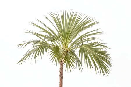 A single palm tree, isolated against a pure white backdrop. Its lush green foliage is the primary focus.の写真素材