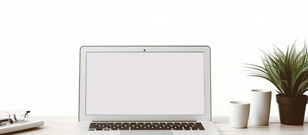 A clean workspace featuring a laptop, a plant, and coffee cups on a white desk.の写真素材