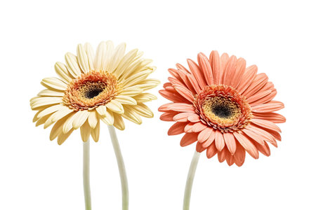 Two gerbera daisies, one yellow and one orange, isolated on a white background.の写真素材