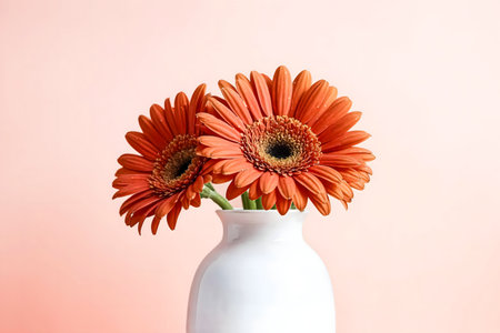 Two vibrant orange gerbera daisies in a simple white vase, set against a soft peach backdrop.の写真素材