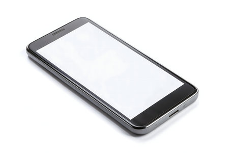 A modern smartphone with a blank screen, isolated on white backgroundの写真素材