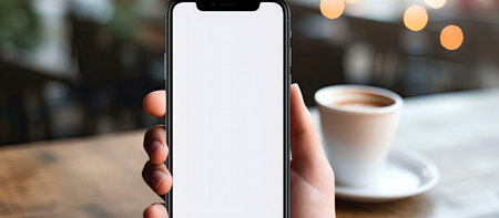 Person holding a smartphone with a blank screen. Coffee in the background.