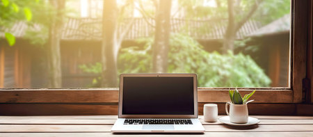 Laptop on a wooden desk by a window overlooking a tranquil garden. Perfect workspace.の写真素材