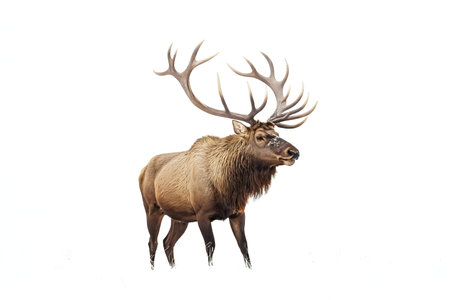 A majestic elk stands in a snowy landscape, isolated against a white backdrop.