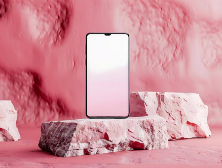 A modern smartphone mockup on a pink stone platform against a textured background.の写真素材