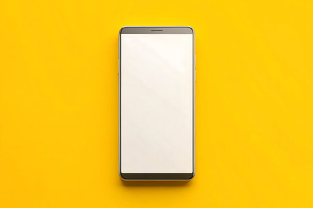 A modern smartphone with a blank white screen on a yellow background. Perfect for mockups.の写真素材