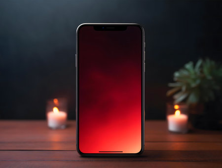 A smartphone with a red screen sits on a wooden table, illuminated by soft candlelight. A peaceful...