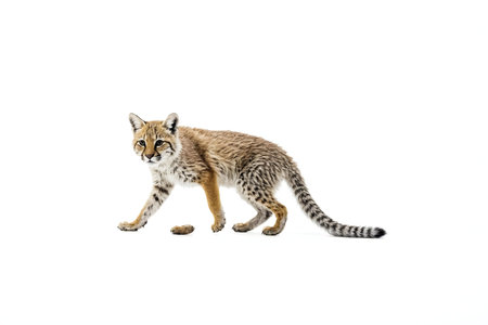 A Serval cat gracefully walks across a pristine white background.