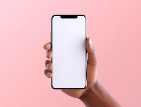 A hand holding a smartphone with a blank screen against a pink background. Perfect for app presentations or technology concepts.の写真素材