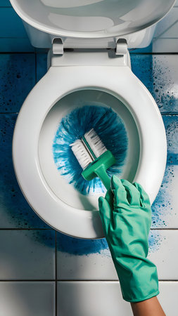 A hand in a green glove cleans a toilet bowl with a brush. Blue cleaning fluid.