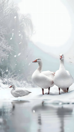 Three white geese stand on a snowy lakeshore, a serene winter scene.の写真素材