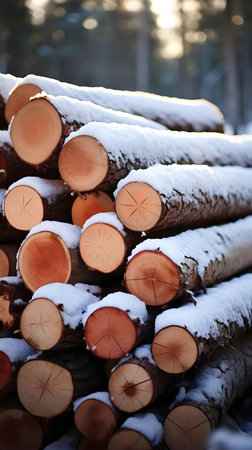 Pile of snow-covered logs in a winter forest. Nature photographyの写真素材