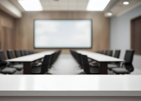 Blurred image of a modern conference room with an empty table in the foreground.の写真素材