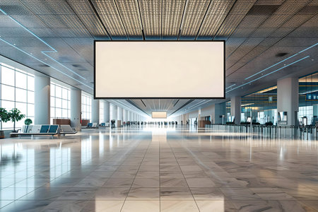 A spacious, modern airport terminal interior with large blank advertising screens, showcasing potential for commercial displays.の写真素材