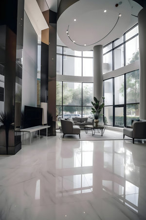 A modern lobby with large windows, marble floors, and contemporary furniture.の写真素材