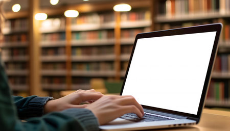 Person using laptop in library, blank screen.の写真素材