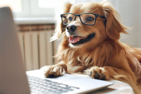 A cute, fluffy golden dog wearing glasses sits at a laptop, seeming to use itの写真素材