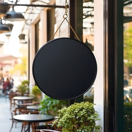 A black circular sign hangs outside a cafe. The sign is blank and ready for customization.の写真素材