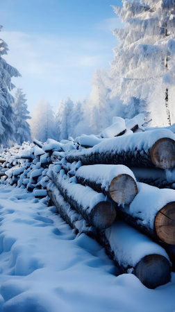 Snow-covered logs rest in a serene winter forest. The scene is peaceful and beautiful.の写真素材