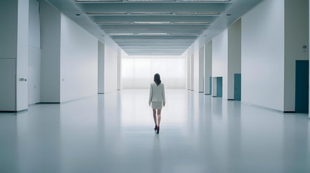 A woman in a beige suit walks towards a bright light at the end of a long, minimalist hallway.の写真素材