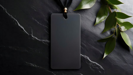 Black tag on marble background with leaves.の写真素材
