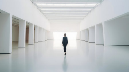 A woman in a dark suit walks down a long, bright white hallway. Minimalist architecture and soft light create a serene atmosphere.の写真素材