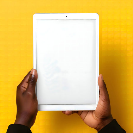 A person's hands hold a white tablet against a vibrant yellow background.の写真素材