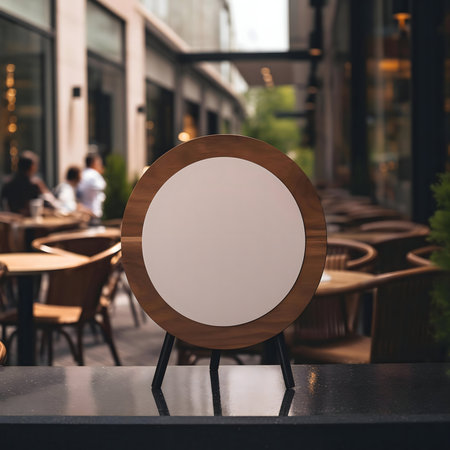 A blank wooden sign stands on a small tripod at an outdoor cafe. The background is a blurred city street.の写真素材