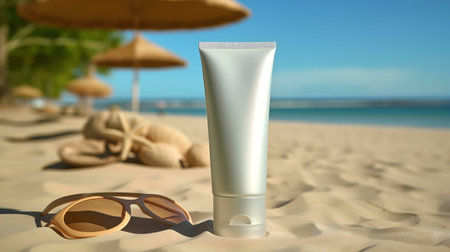 Sunscreen and sunglasses on a sunny beach. Tropical vacation concept.