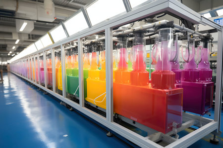 A long row of colorful ink containers inside a modern factory. The vibrant hues showcase the...
