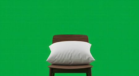 A white pillow sits on a wooden chair in front of a bright green screen.