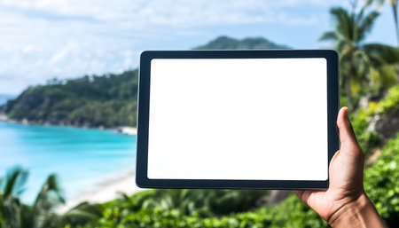 A hand holds a tablet with a blank screen. A tropical beach scene is in the backgroundの写真素材