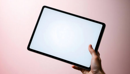 A hand holding a tablet with a blank white screen against a pink background.の写真素材