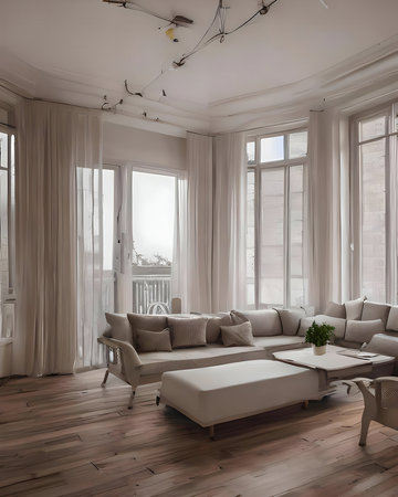 A calm living room with a large beige sofa and ottoman.