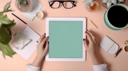Overhead shot of a woman using a tablet at a desk.の写真素材