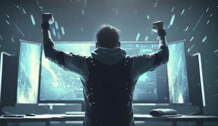 A gamer celebrates a hard-fought victory, arms raised in triumph before multiple monitors displaying a futuristic digital worldの写真素材