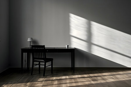 A simple desk and chair sit in a sunlit room, casting shadows on the floor.