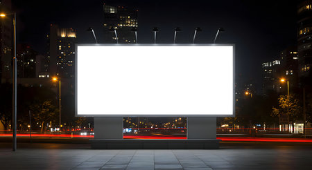 A large, blank billboard stands illuminated at night, surrounded by city lights and blurred traffic.の写真素材