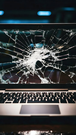 Close-up of a laptop with a completely shattered screen. The image evokes a sense of misfortune.の写真素材