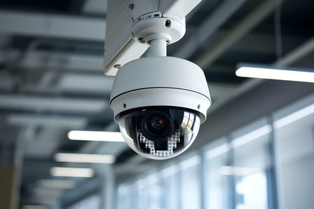 Close-up of a security camera indoorsの写真素材