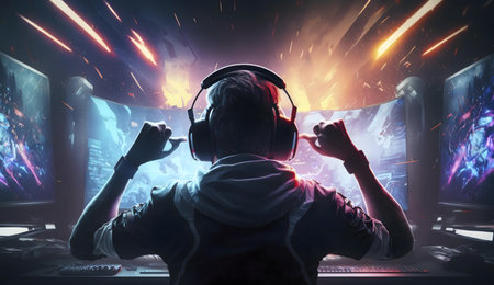 A gamer fully immersed in an intense video game, showing high-action gameplay and the thrill of competition.の写真素材