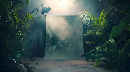 A tropical-themed studio setup featuring lush greenery, professional lighting, and a misty backdrop.の写真素材