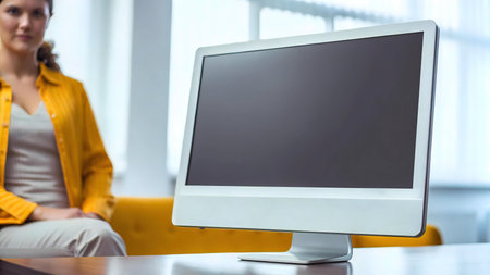 A woman in yellow sits, out of focus, in a modern office space, with a desktop computer in focus in...